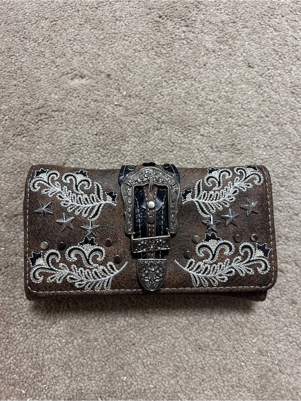 Brown Embroidered Western Buckle Wallet